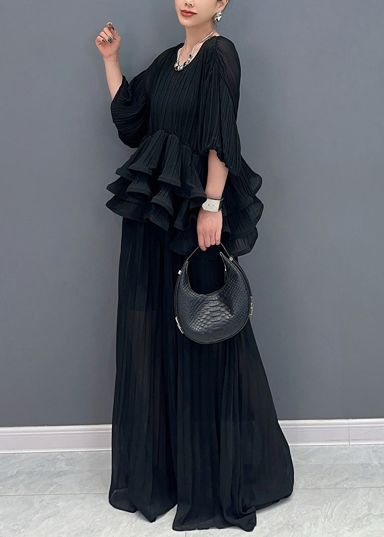 Black U Neck Ruffled Patchwork Two Pieces Set Summer