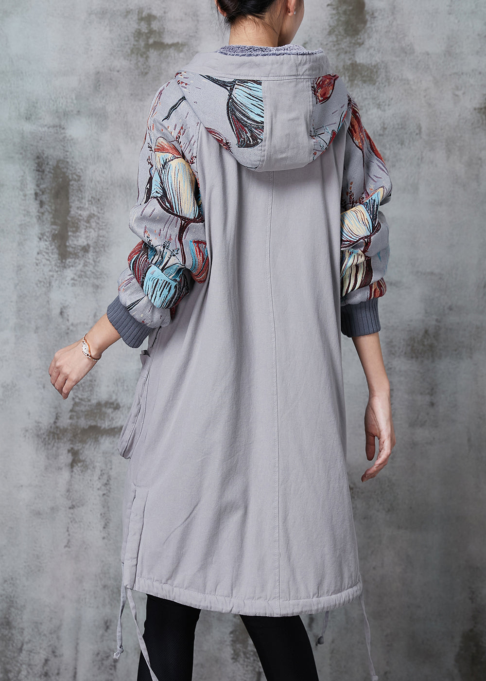 Grey Hooded Print Pockets Fine Cotton Filled Coats Winter