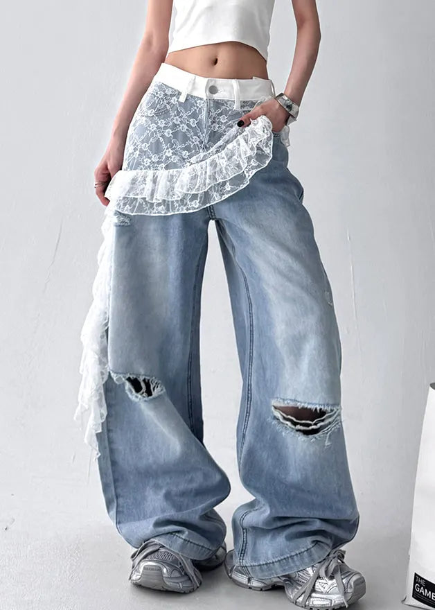 Art Blue Hole Lace Patchwork Denim Pants Fall