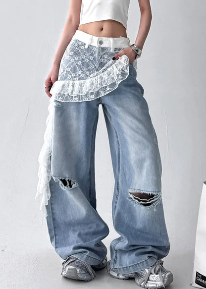 Art Blue Hole Lace Patchwork Denim Pants Fall