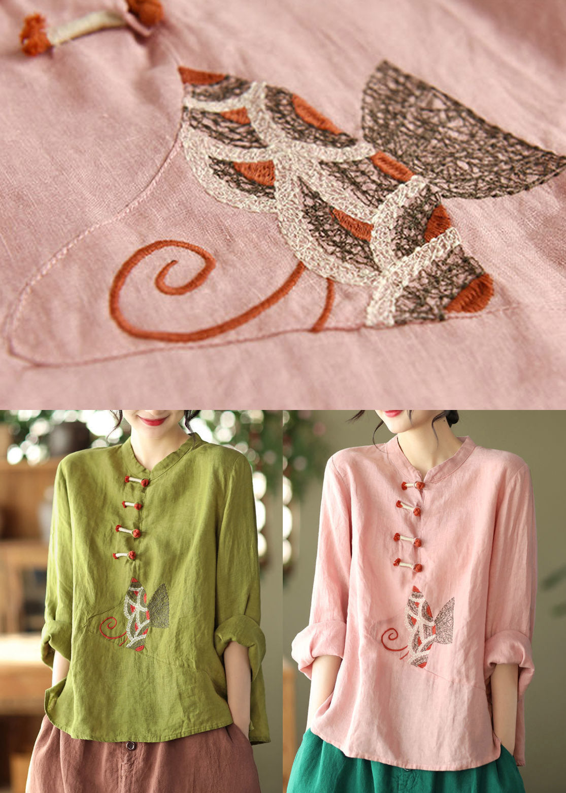 Pink O-neck Embroideried Linen Top Long Sleeve