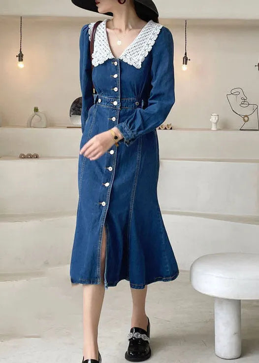 Dark Blue Slim Fit Button Denim Dress Spring