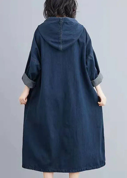 Italian Hooded Pockets Spring Clothes Denim Blue Traveling Dresses