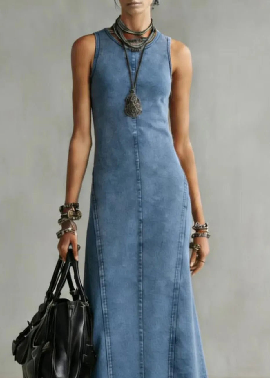 Slim Fit Blue O Neck Denim Long Dress Sleeveless