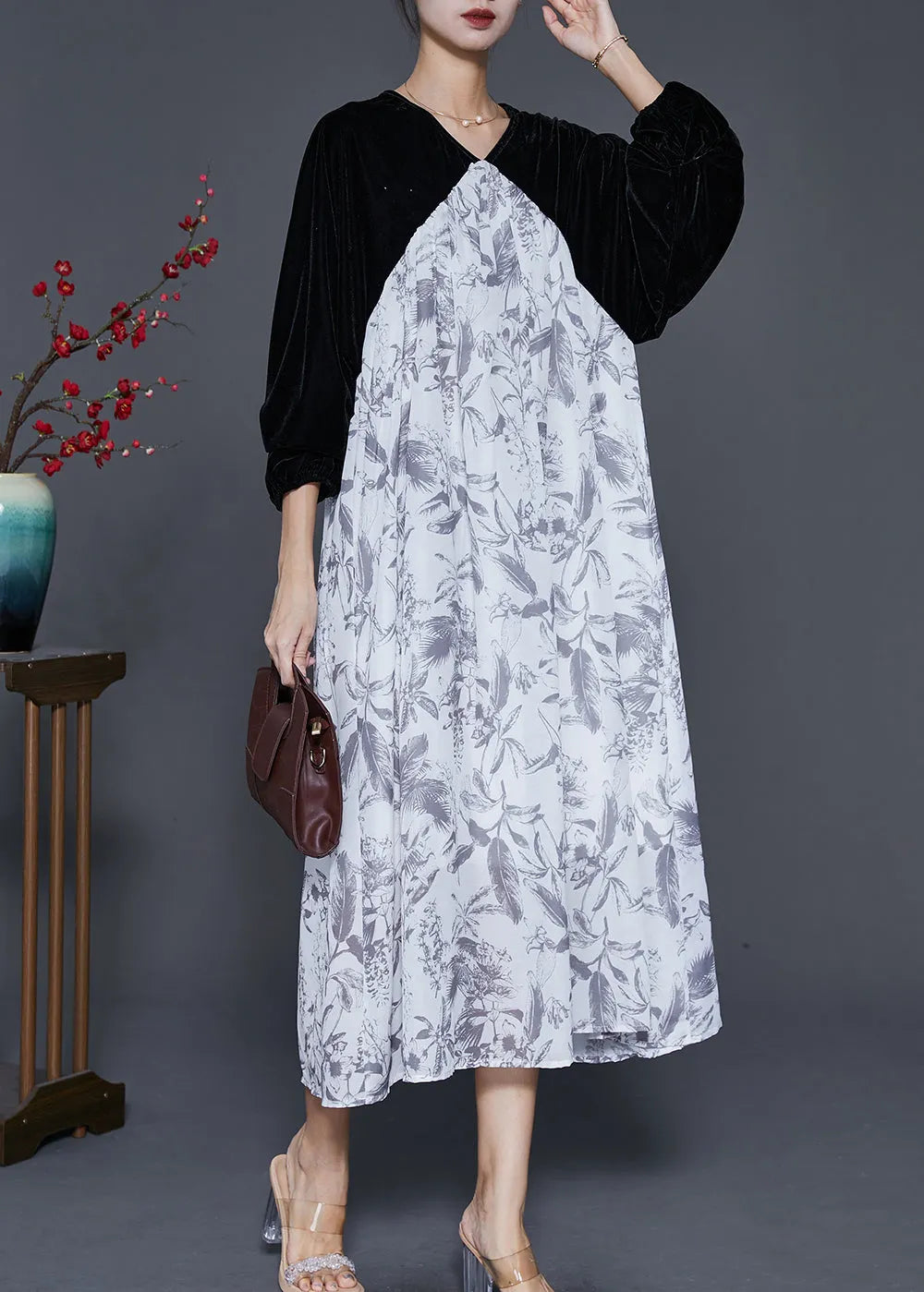White Oversized Patchwork Silk Velour Chiffon Dress Spring