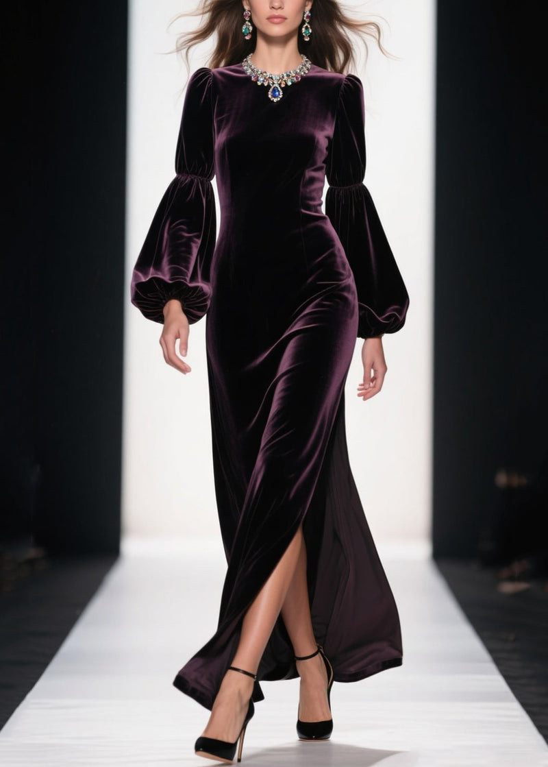 Boutique Purple Side Open Patchwork Velvet Ankle Dress Fall