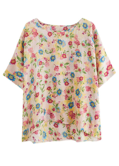Diy Light Yellow O-neck Oversized Print Cotton Tanks Short Sleeve