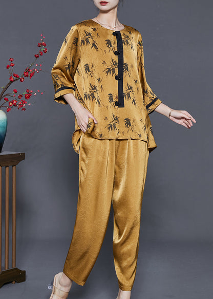 Yellow Print Silk Two Piece Suit Set Oversized Jacquard Summer