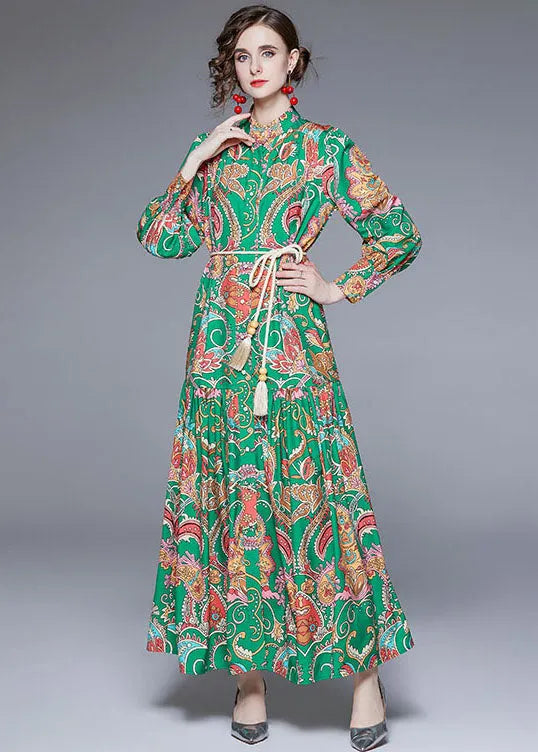 Diy Green Stand Collar Print Wrinkled Sashes Chiffon Holiday Dress Fall