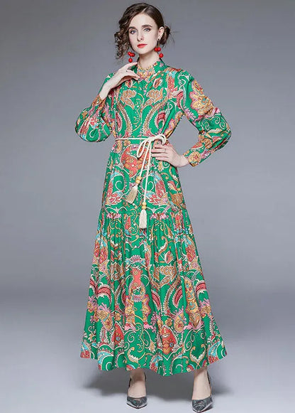 Diy Green Stand Collar Print Wrinkled Sashes Chiffon Holiday Dress Fall