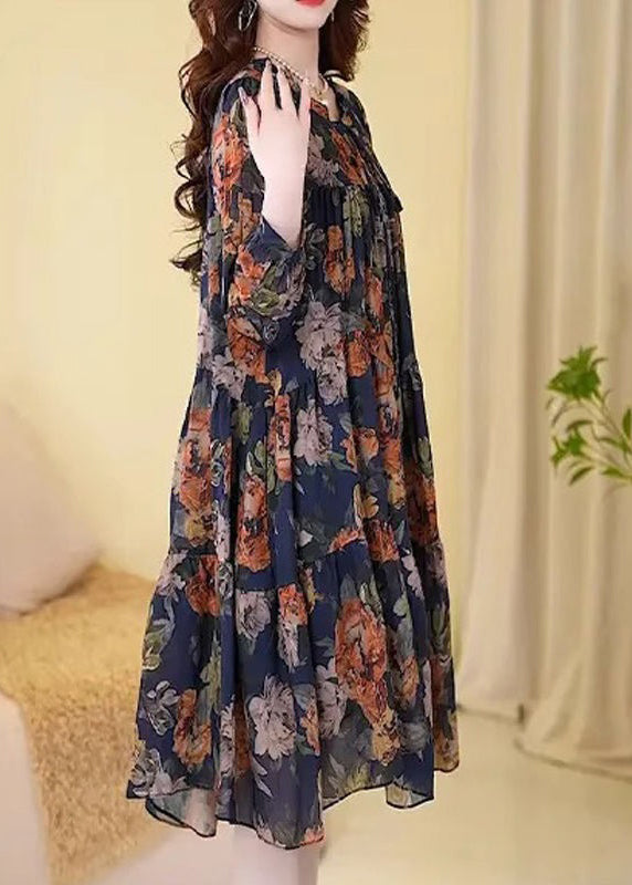 New Navy Print Wrinkled Cotton Long Dresses Long Sleeve Fall