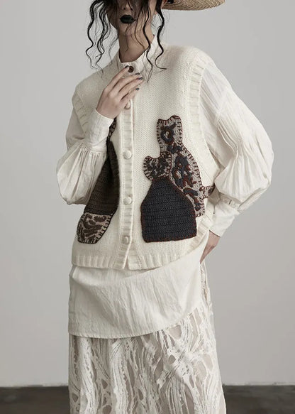 White Embroideried Wool Knit Vests Spring