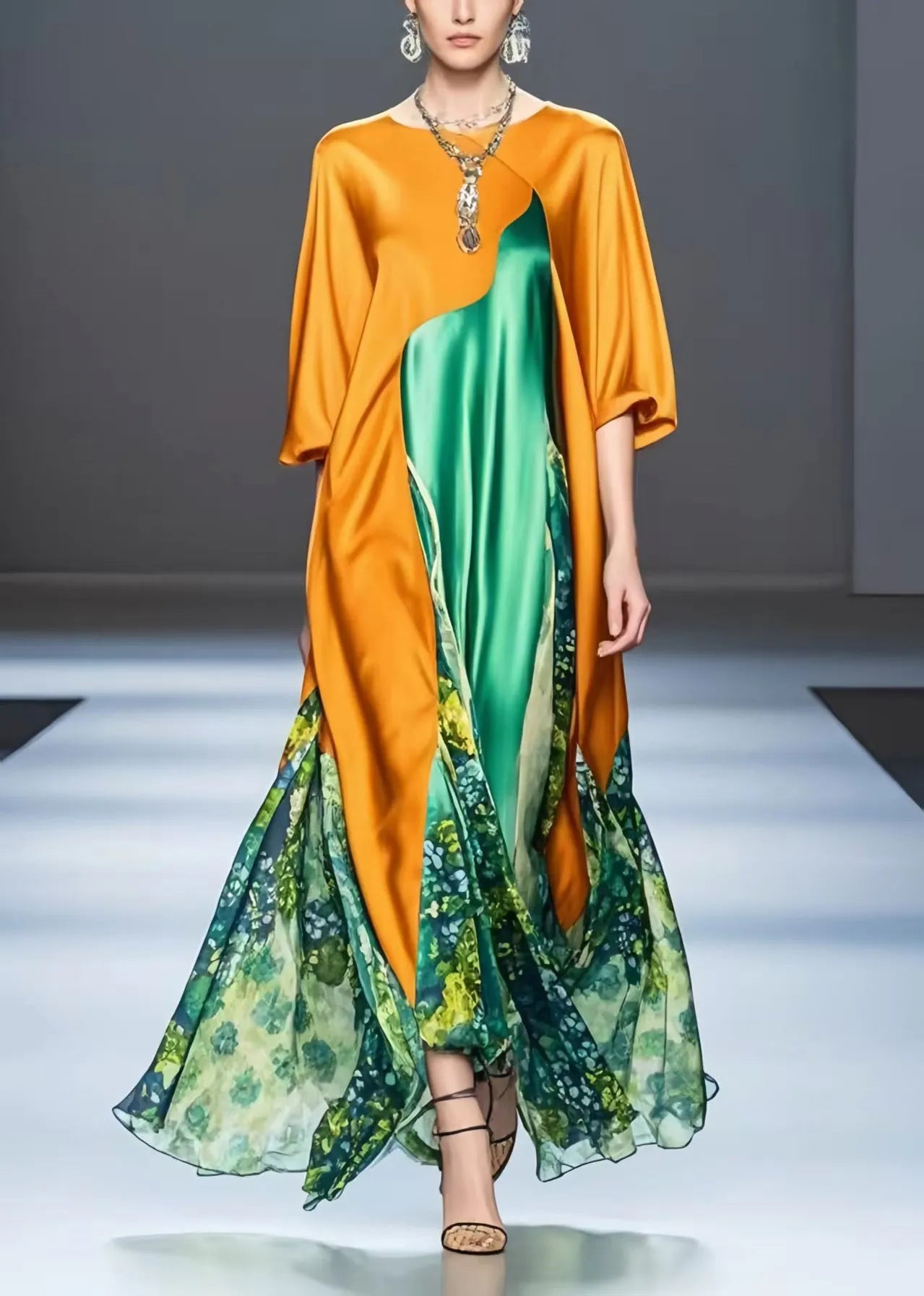 Unique Orange Asymmetrical Patchwork Silk Robe Dresses Half Sleeve