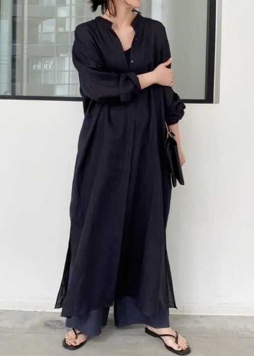 French Black Oversized Side Open Linen Shirt Dresses Spring