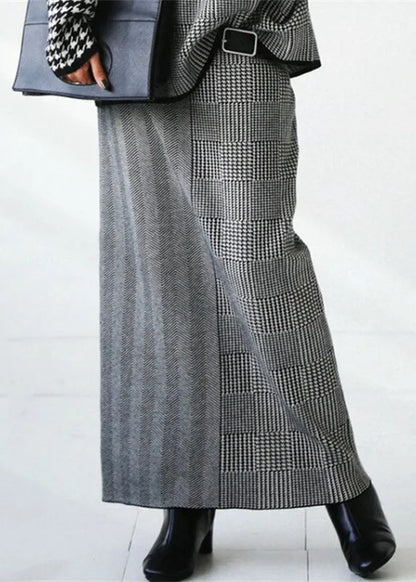 Loose Grey Plaid Knit Sweaters and Skirts Two Piece Set Outfits Fall
