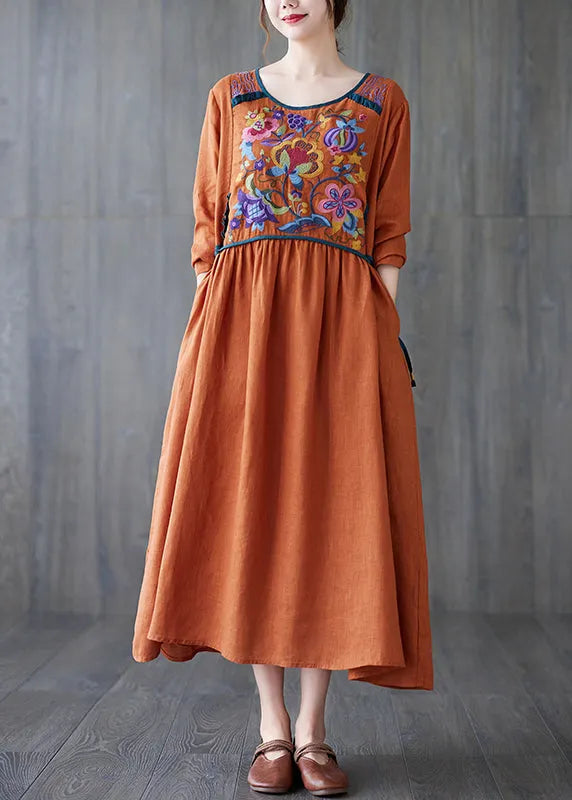 Orange O Neck Embroidered Patchwork Cotton Dress Spring