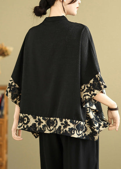 Fine Black Mandarin Collar Patchwork Silk Oriental Shirts Summer