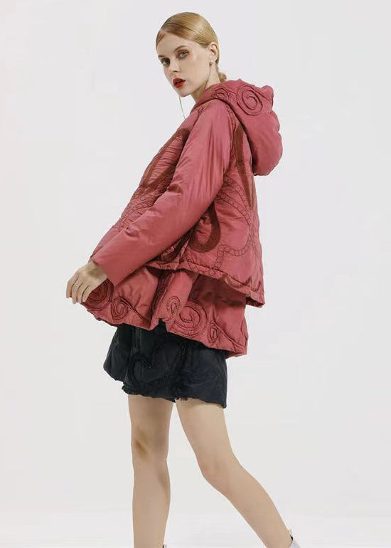 Pink Hooded Embroidery Patchwork Duck Down Coat Winter