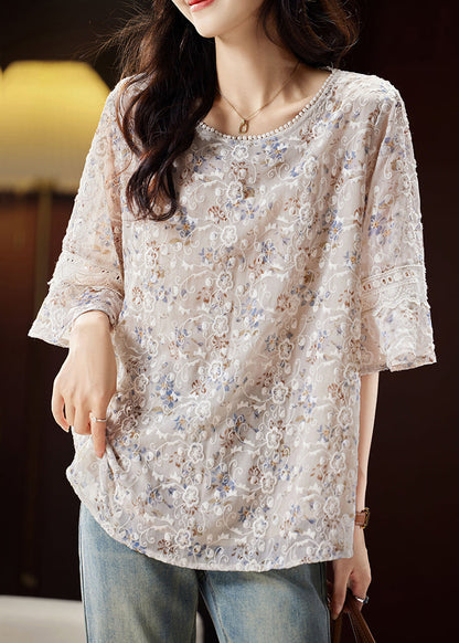 Light Coffee O-neck Embroidered Shirts Butterfly Sleeve