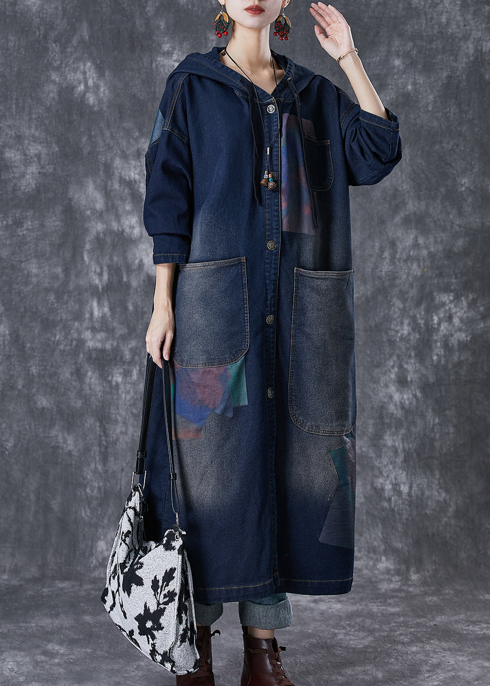 Navy Hooded Asymmetrical Big Pockets Denim Trench Fall