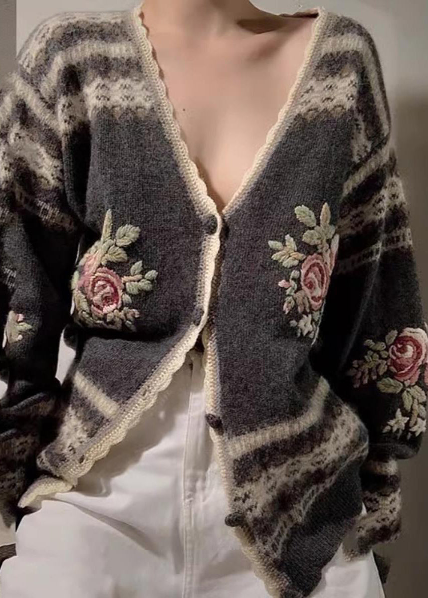 Fitted Grey Embroidered Knit Cardigans Spring