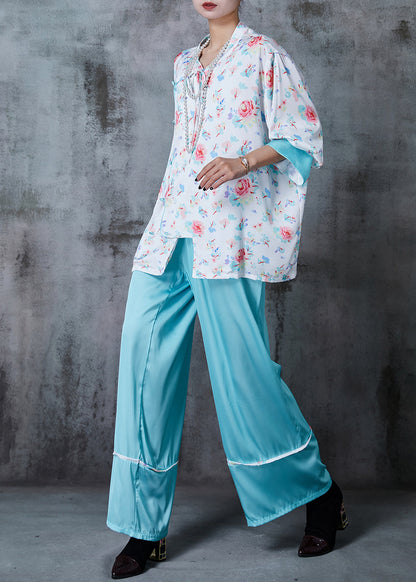 Unique Light Blue Asymmetrical Print Draping Silk Two Piece Set Summer