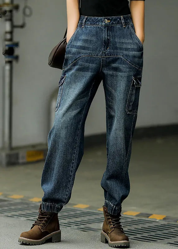 Blue Patchwork Pockets High Waist Cotton Beam Denim Pants Fall