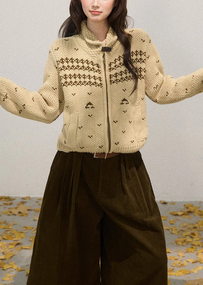Khaki Stand Collar Zippered Knit Jackets Fall