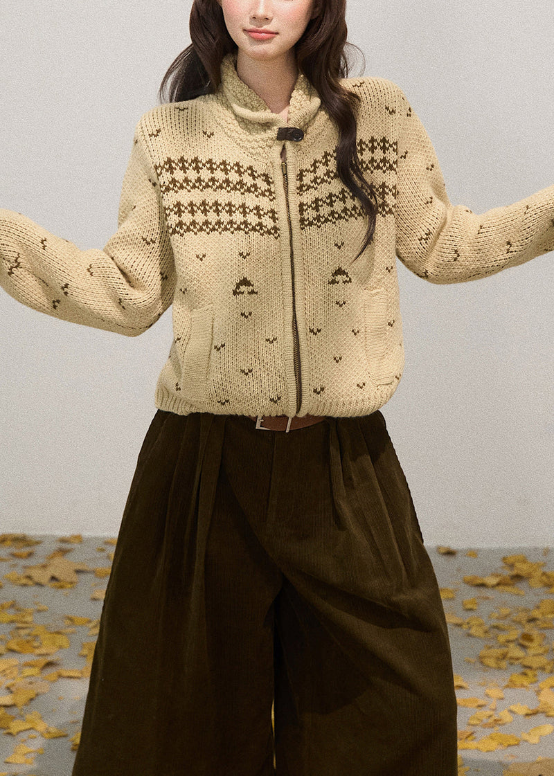 Khaki Stand Collar Zippered Knit Jackets Fall