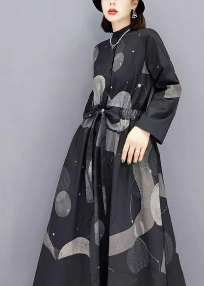 Stylish Black Stand Button Dresses Fall Long Sleeve