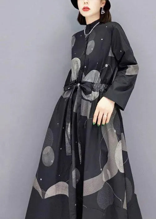 Stylish Black Stand Button Dresses Fall Long Sleeve