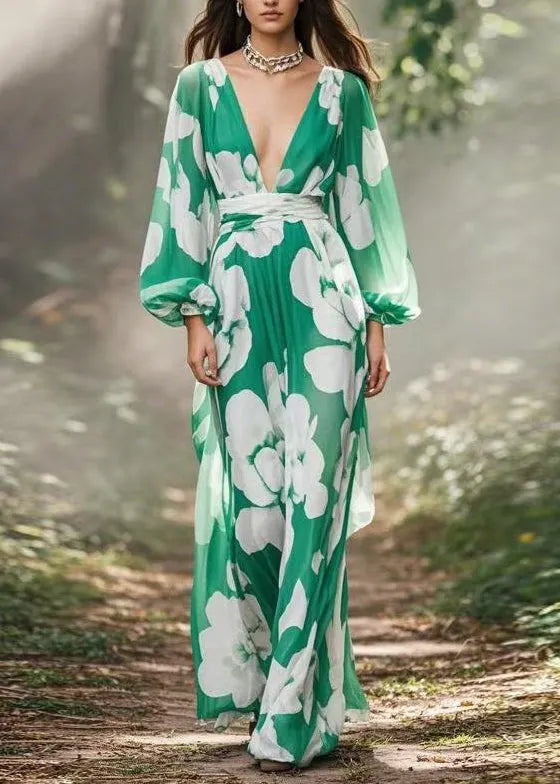 Green V Neck Print Chiffon Maxi Dress Spring