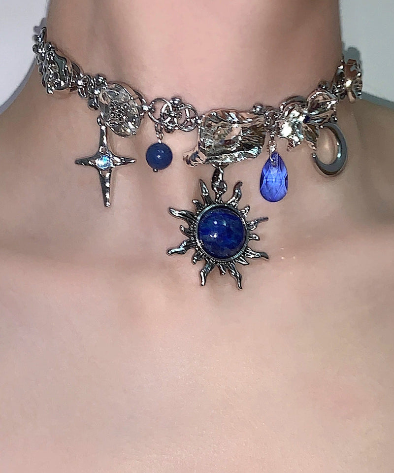 Blue Sun Zircon Moon Alloy Pendant Choker