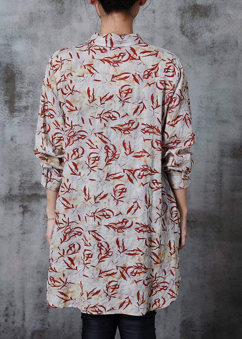 Apricot Peter Pan Collar Print Linen Long Shirts Summer
