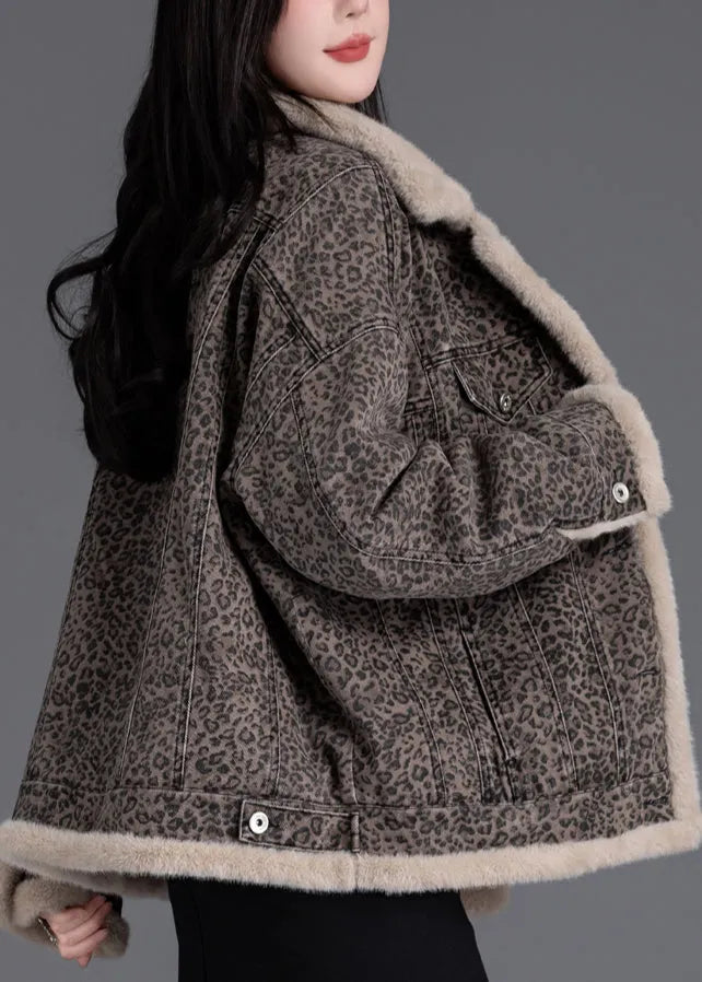 Brown Oversized Leopard Print Warm Fleece Jacket Winter
