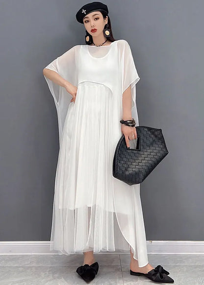 Organic White O-neck Chiffon Vest Dress and Cloak Two Piece Set Outfits Summer