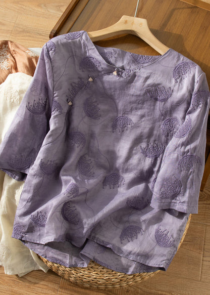 Beige O-neck Embroidered Linen Shirt Top Summer