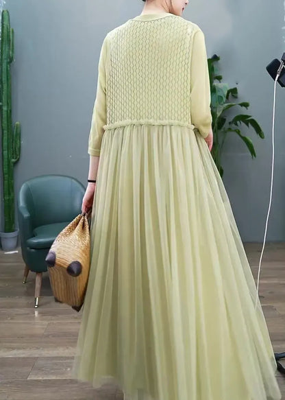 Organic Green Hollow Out O-neck Tulle Patchwork Long Dress Two Pieces Set Long Sleeve