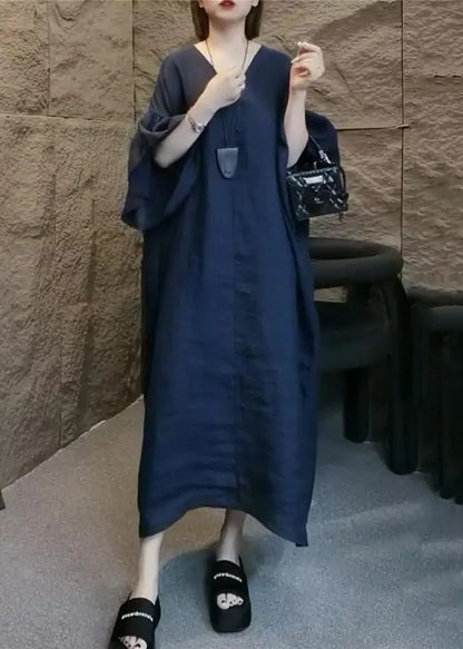 Navy V Neck Linen Long Dress Flare Sleeve