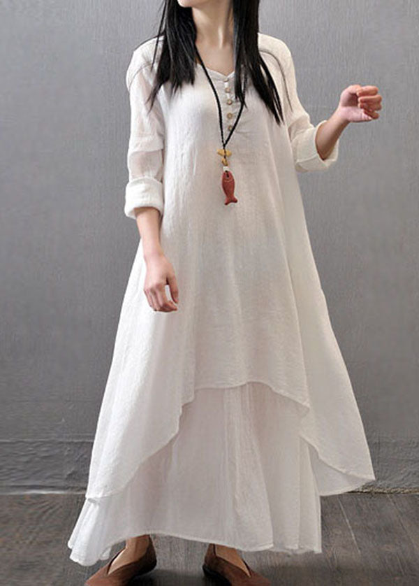 Long Sleeve Double Layers Button Asymmetric Maxi Dress