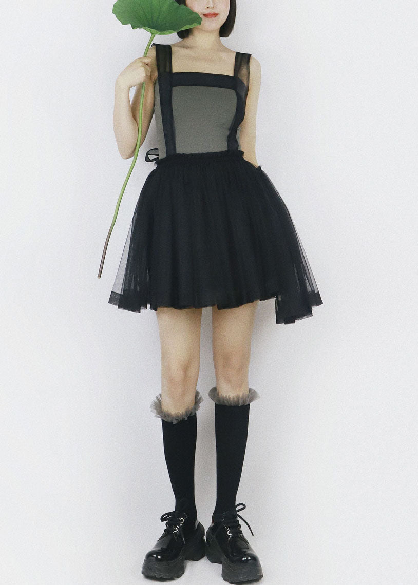Black Tulle Strap Short Dress Color Elastic Waist Summer