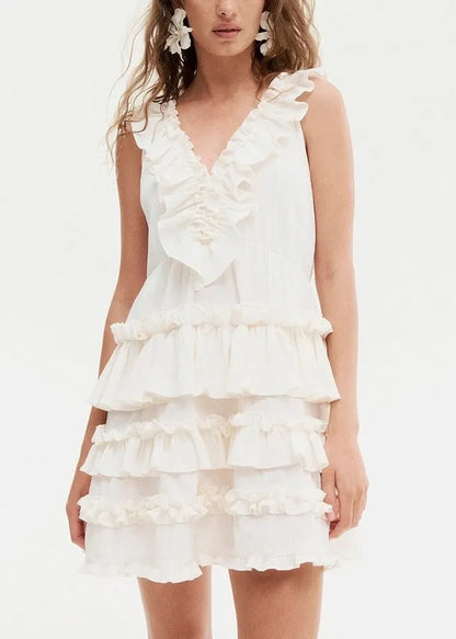 Art Red V Neck Ruffled Cotton Mini Dress Sleeveless