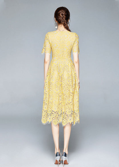 French Yellow Zip Up Slim Fit Lace Party Dress Short Sleeve Summer