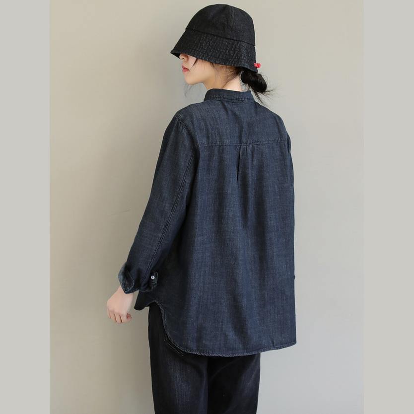 French Denim Black Top Lapel Pockets Baggy Spring Blouses