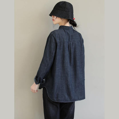 French Denim Black Top Lapel Pockets Baggy Spring Blouses