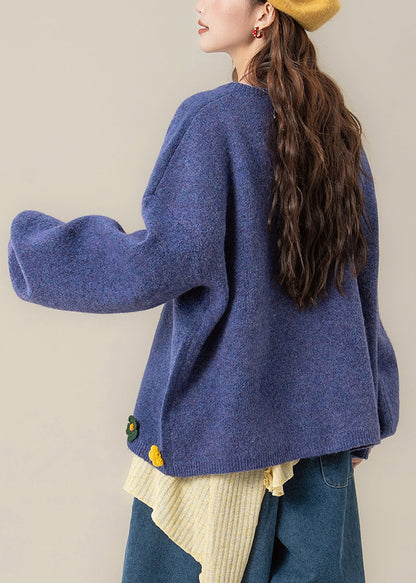 Art Blue O Neck Button Knit Coat Spring