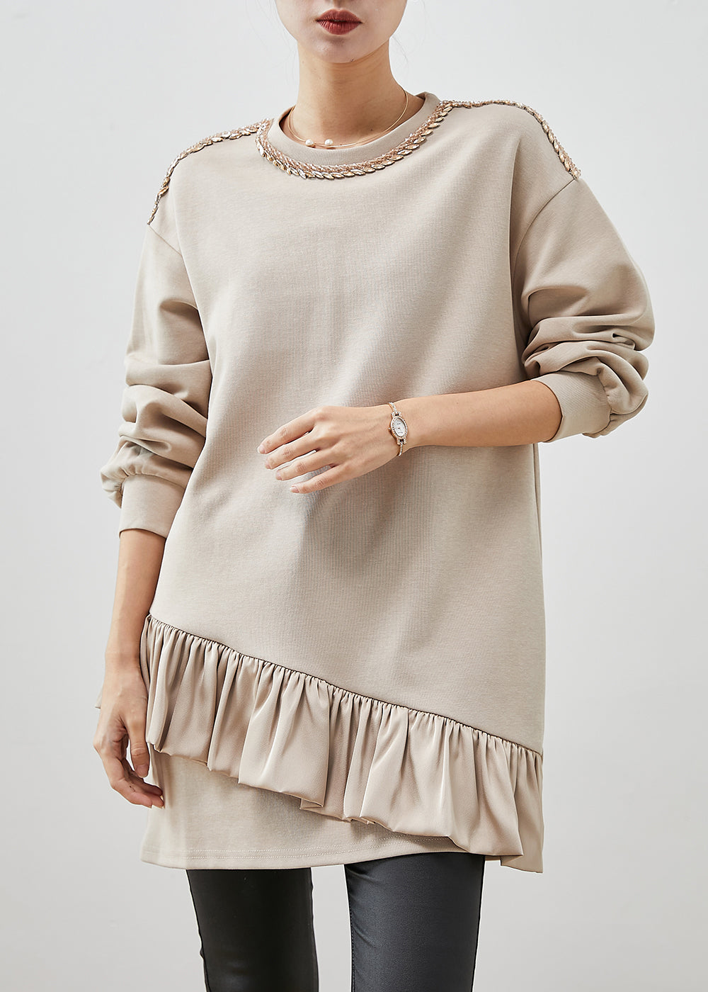 Beige Ruffles Patchwork Cotton Mini Dress Spring