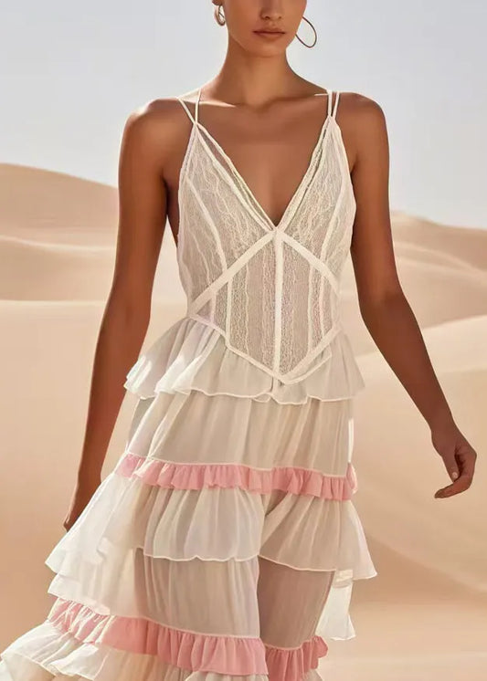 Fitted White Ruffled Patchwork Cotton Spaghetti Strap Dress Summer