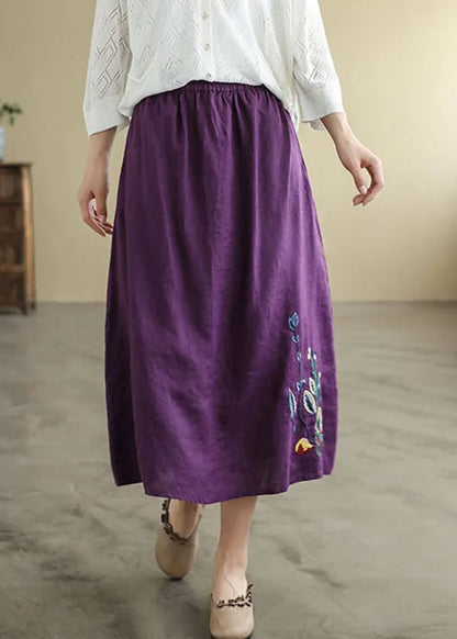 Black Elastic Waist Embroideried Linen a Line Skirts Spring