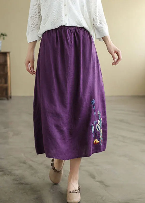 Black Elastic Waist Embroideried Linen a Line Skirts Spring